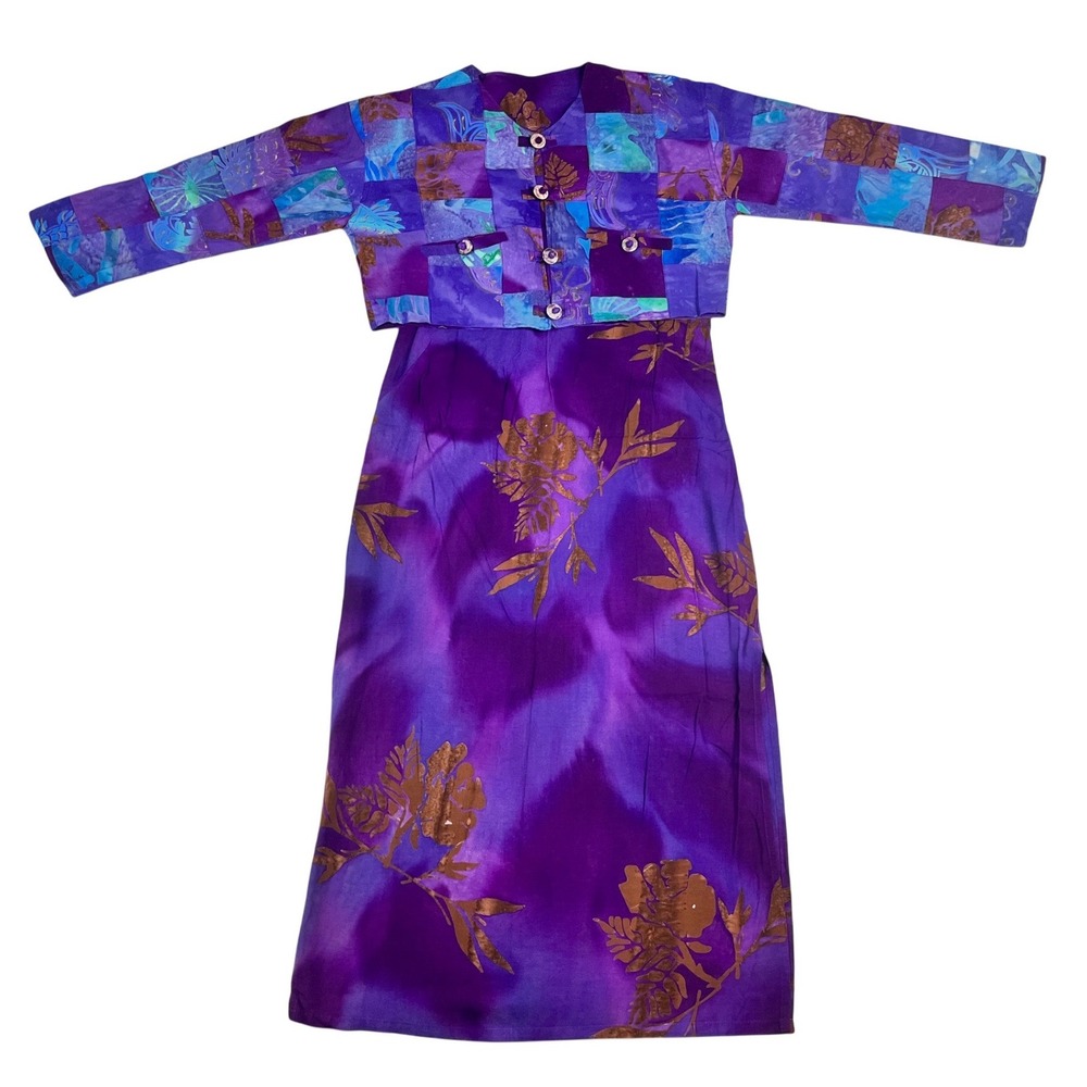 Tropical Tantrum Purple Floral Batik Maxi Dress Patchwork Jacket Set XL Rayon